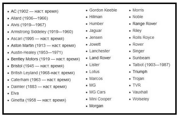Anglų automobilių markės: sąrašas, nuotrauka